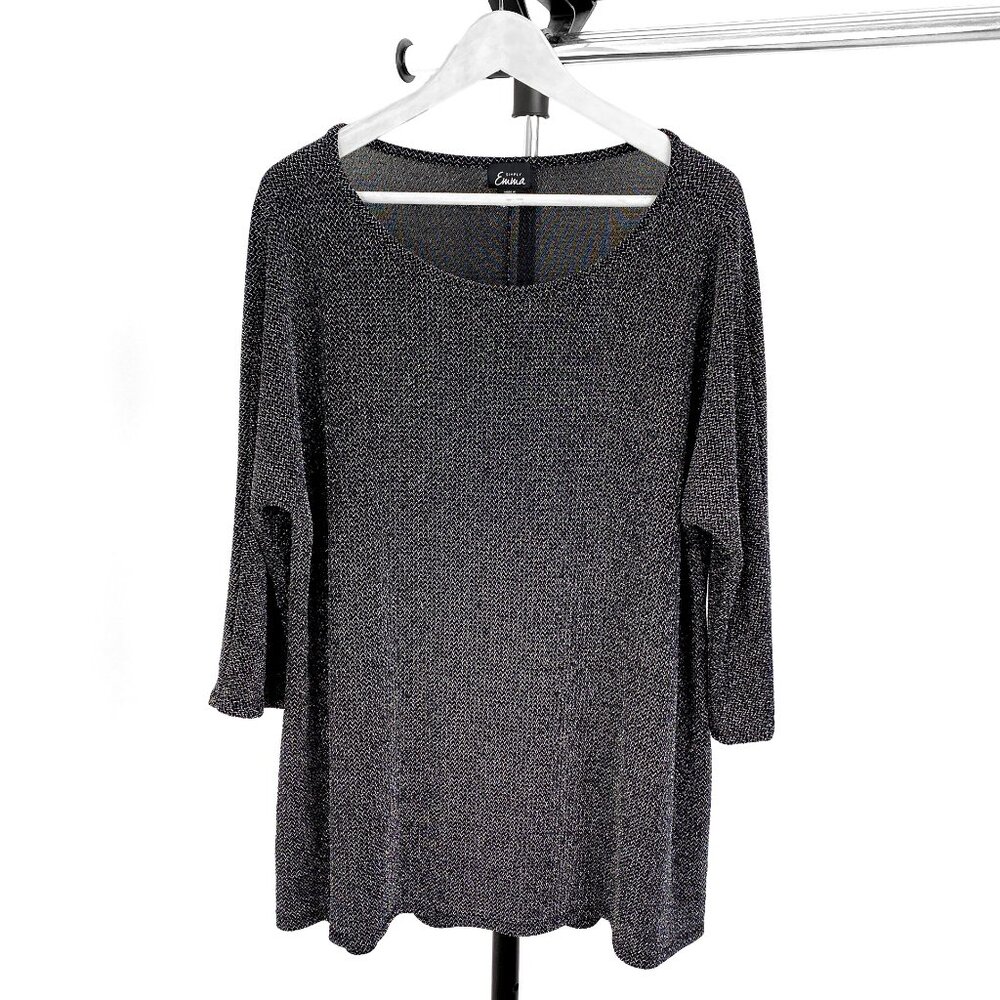 Simply Emma Women's Black Sequin Blouse - Round Neck, Quarter Sleeve, Size 3X